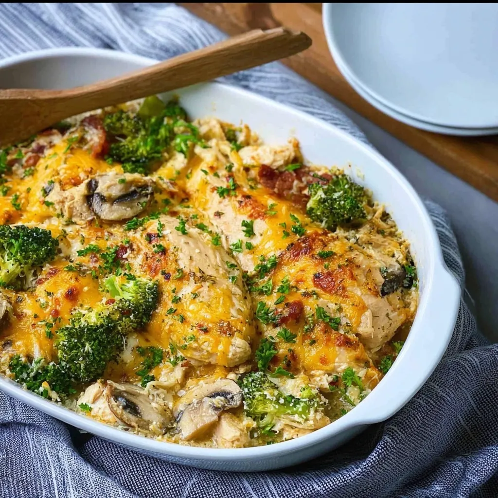 Close-up of cheesy low carb chicken casserole with bacon and broccoli